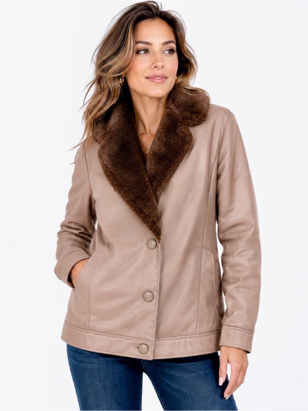 Vintage 70s Bonders Tan Faux Fur Lined Coat Brown Collar Made in USA Medium